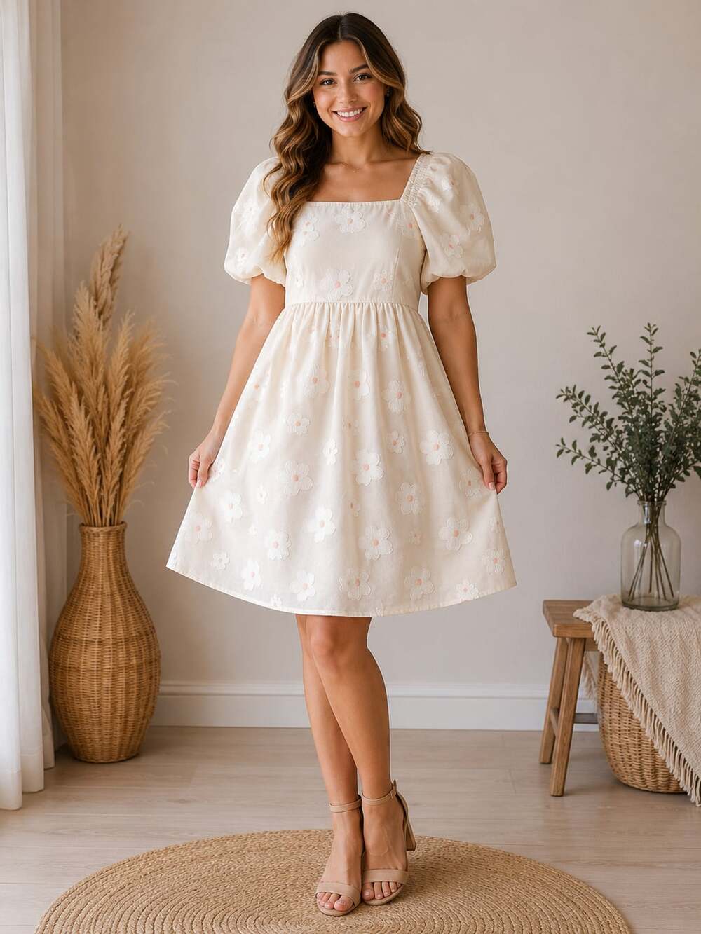 Polagram Cream Embroidered Floral Puff Sleeve Babydoll Dress Size M